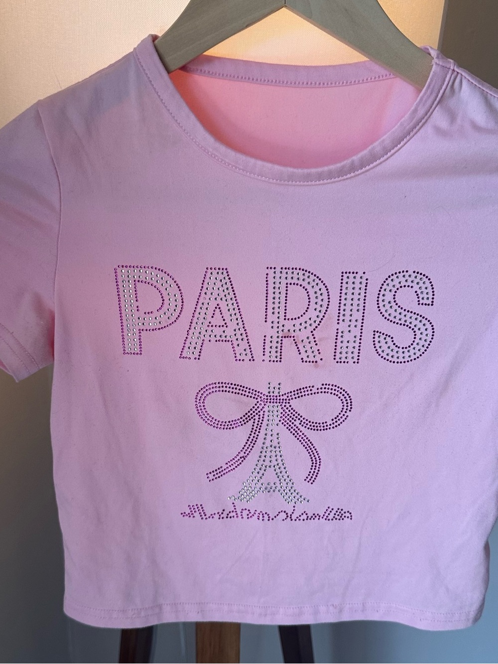 SHEIN Light Pink 'PARIS' Rhinestone Tee